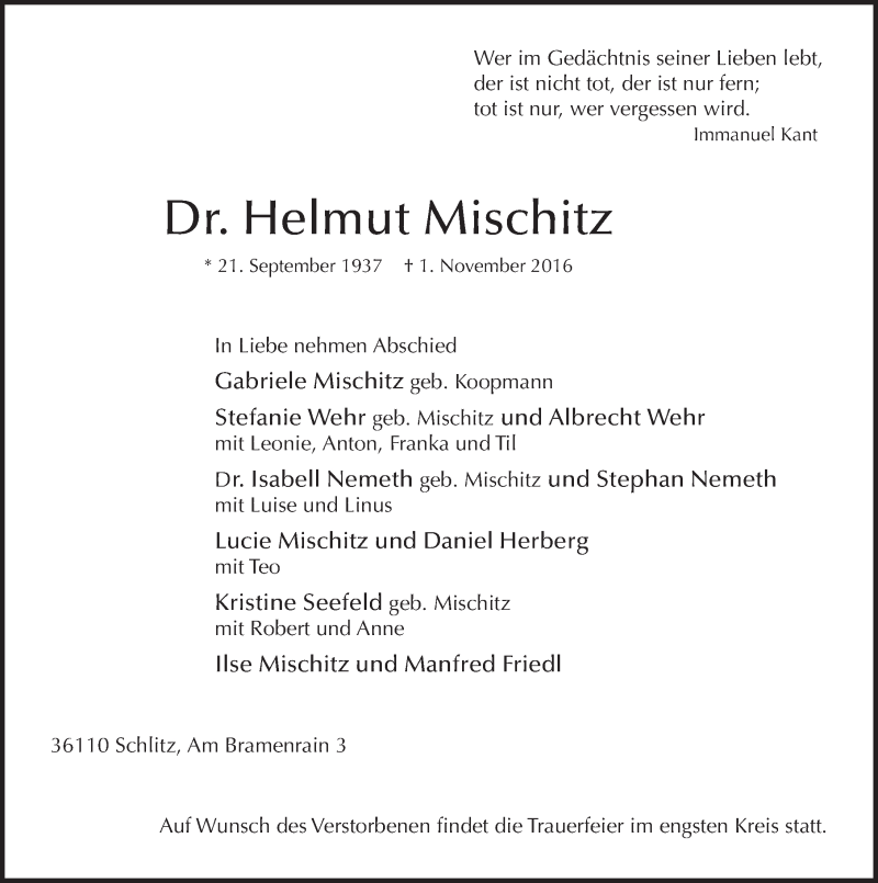  Traueranzeige für Helmut Mischitz vom 02.11.2016 aus 