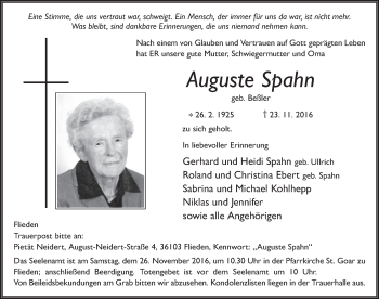 Traueranzeige von Auguste Spahn 