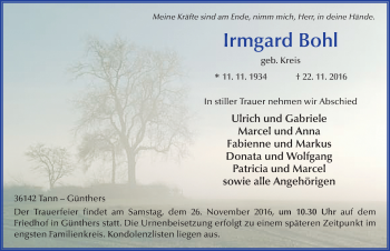 Traueranzeige von Irmgard Bohl 