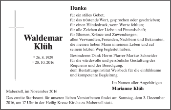 Traueranzeige von Waldemar Klüh 