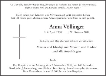 Traueranzeige von Anna Völlinger 