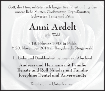 Traueranzeige von Anni Ardelt 
