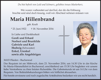 Traueranzeige von Maria Hillenbrand 