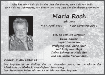 Traueranzeige von Maria Roch 