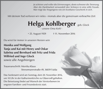 Traueranzeige von Helga Kohlberger 