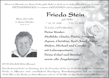 Traueranzeige von Frieda Stein 