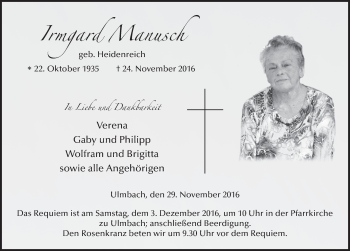 Traueranzeige von Irmgard Manusch 