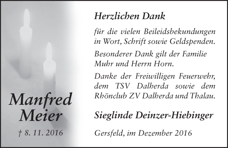  Traueranzeige für Manfred Meier vom 02.12.2016 aus 