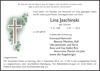 Traueranzeige von Lina Jaschinski 
