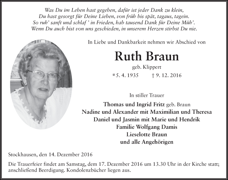  Traueranzeige für Ruth Braun vom 14.12.2016 aus 
