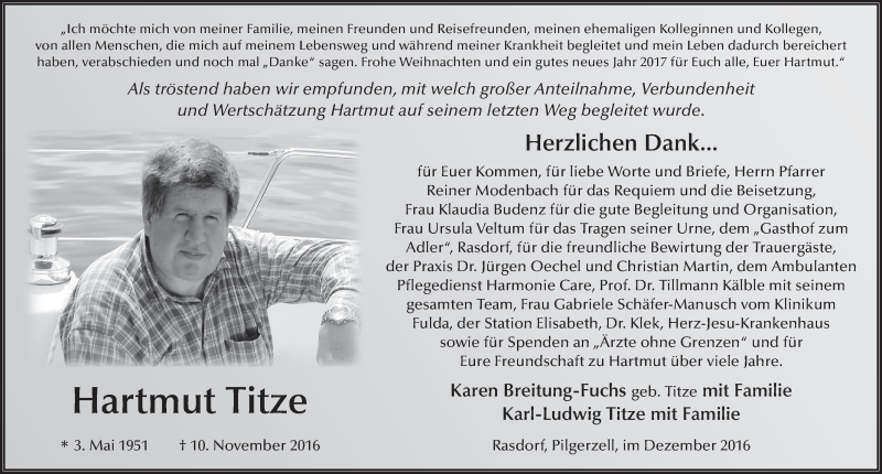  Traueranzeige für Hartmut Titze vom 23.12.2016 aus 