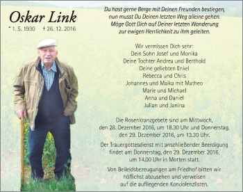 Traueranzeige von Oskar Link 