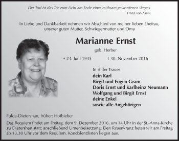 Traueranzeige von Marianne Ernst 