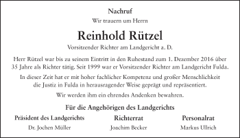 Traueranzeige von Reinhold Rützel 
