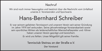 Traueranzeige von Hans-Bernhard Schreiber 
