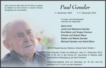 Traueranzeige von Paul Gensler 