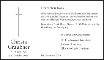 Traueranzeige von Christa Graubner 