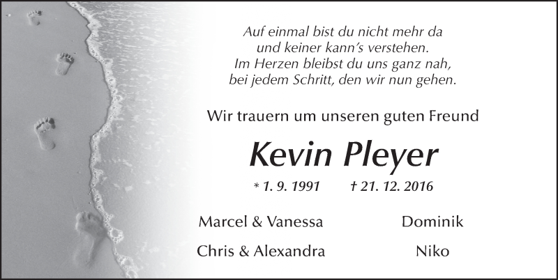  Traueranzeige für Kevin Pleyer vom 28.12.2016 aus 