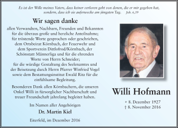 Traueranzeige von Wilhelm Hofmann 