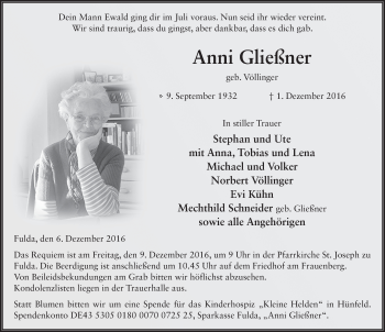 Traueranzeige von Anni Gließner 