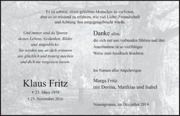 Traueranzeige von Klaus Fritz 