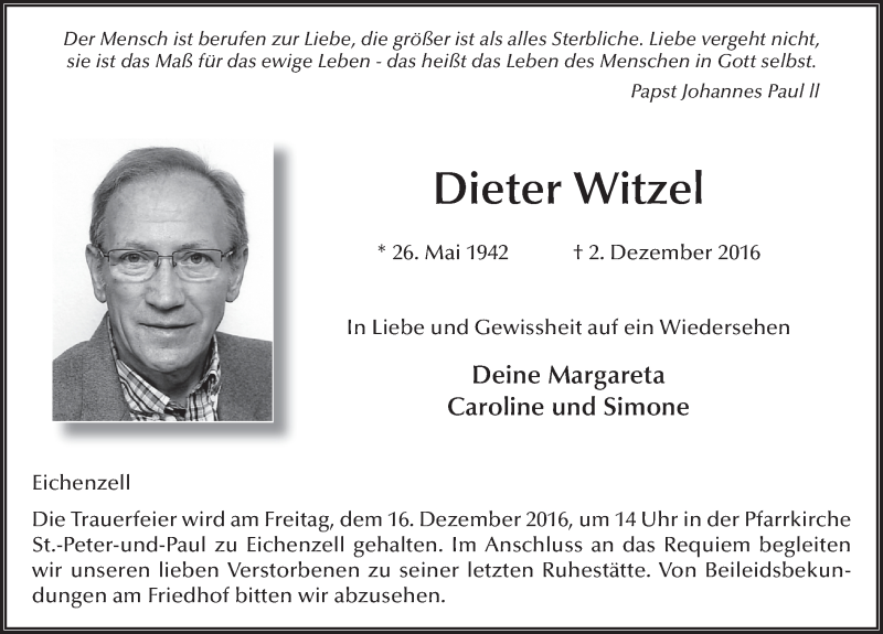  Traueranzeige für Dieter Witzel vom 09.12.2016 aus 