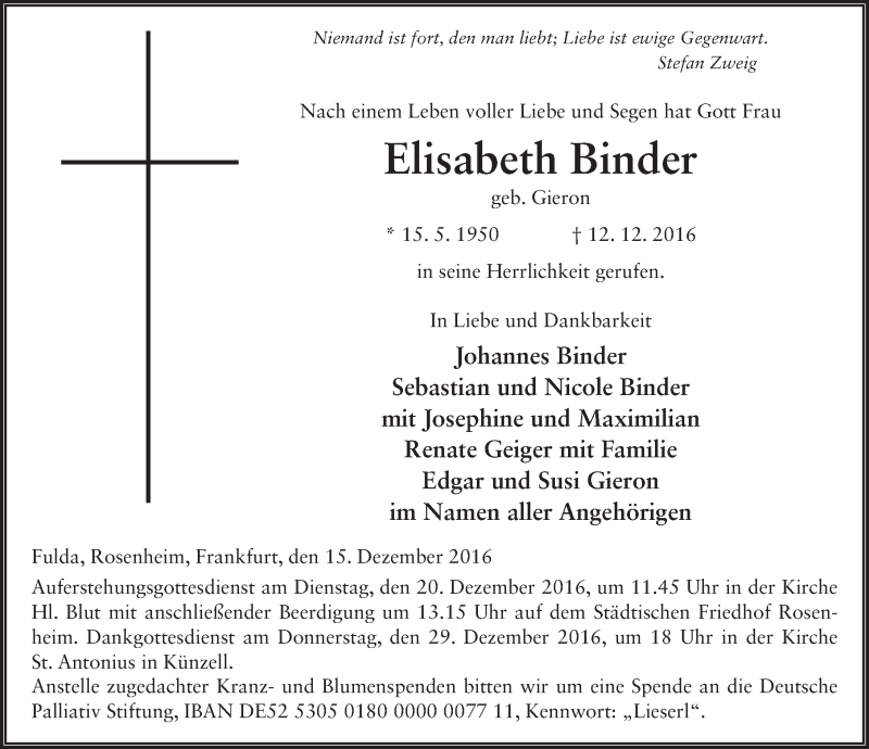  Traueranzeige für Elisabeth Binder vom 15.12.2016 aus 