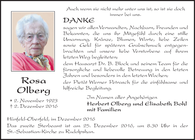  Traueranzeige für Rosa Olberg vom 23.12.2016 aus 