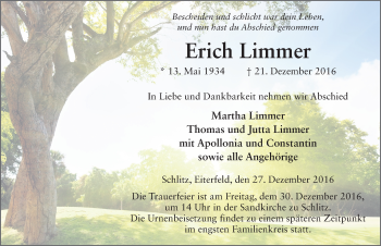 Traueranzeige von Erich Limmer 
