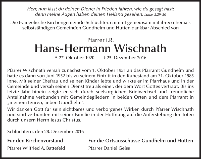  Traueranzeige für Hans-Hermann Wischnath vom 30.12.2016 aus 