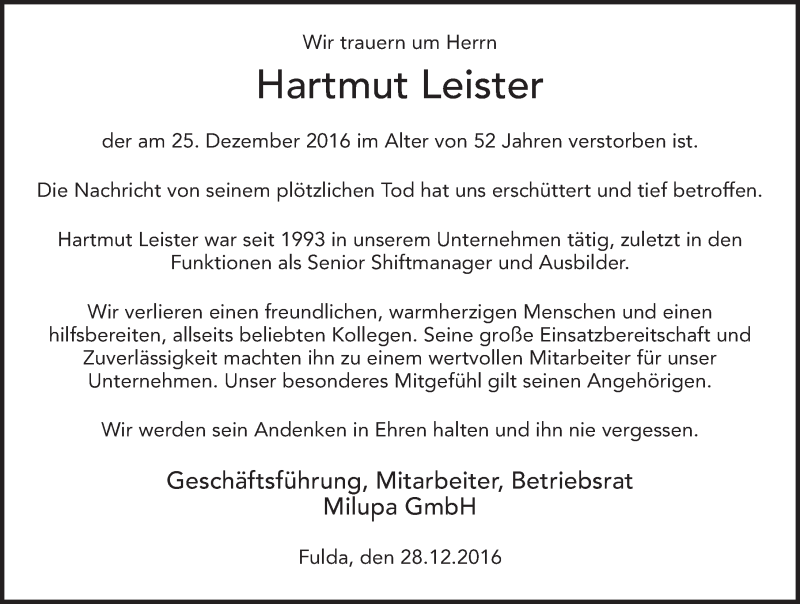  Traueranzeige für Hartmut Leister vom 28.12.2016 aus 