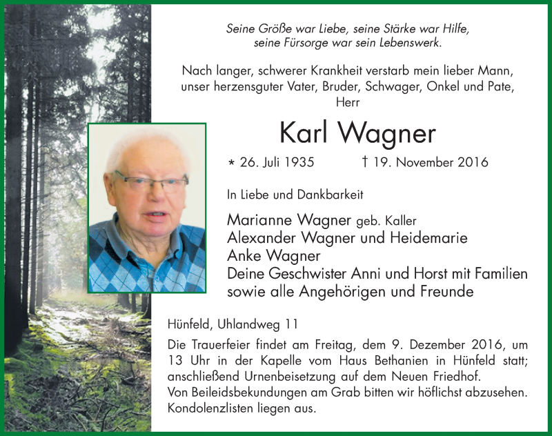  Traueranzeige für Karl Wagner vom 03.12.2016 aus 