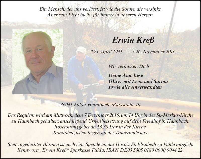  Traueranzeige für Erwin Kreß vom 03.12.2016 aus 