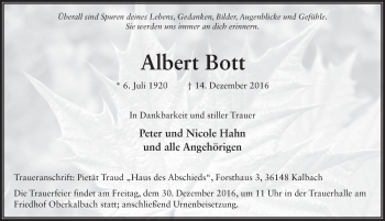 Traueranzeige von Albert Bott 