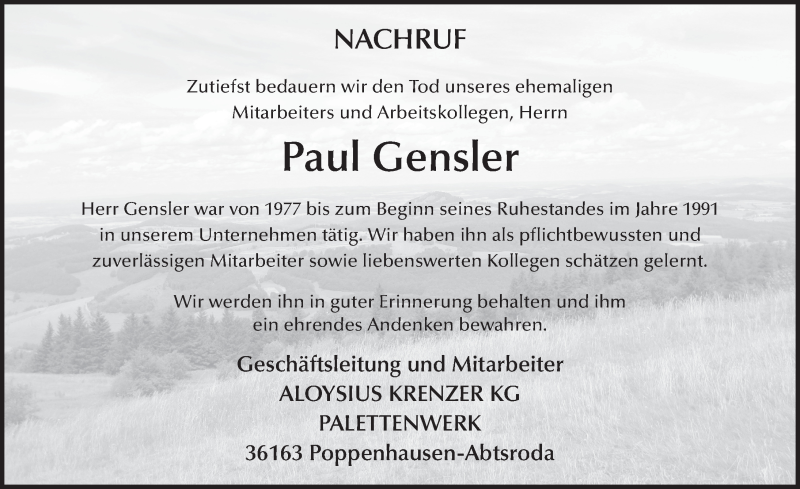  Traueranzeige für Paul Gensler vom 20.12.2016 aus 