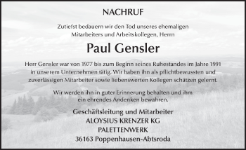 Traueranzeige von Paul Gensler 