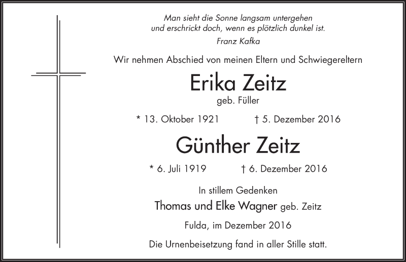  Traueranzeige für Erika Zeitz vom 17.12.2016 aus 