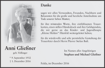 Traueranzeige von Anni Gließner 