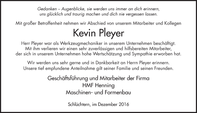  Traueranzeige für Kevin Pleyer vom 28.12.2016 aus 