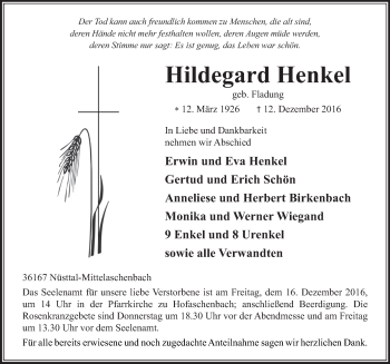 Traueranzeige von Hildegard Henkel 