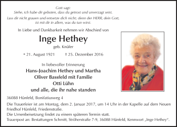Traueranzeige von Inge Hethey 