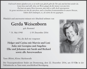 Traueranzeige von Gerda Weisenborn 