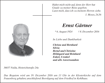 Traueranzeige von Ernst Gärtner 