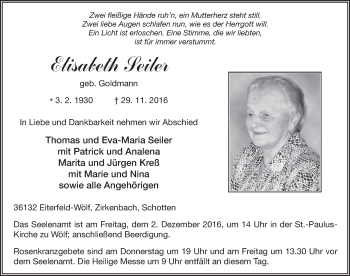 Traueranzeige von Elisabeth Seiler 