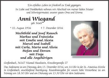 Traueranzeige von Anni Wiegand 