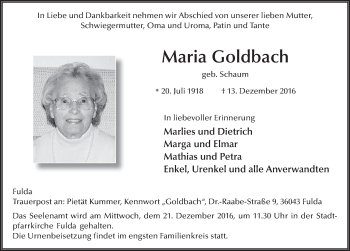 Traueranzeige von Maria Goldbach 