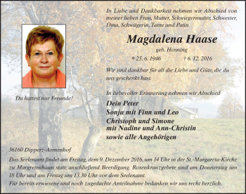 Traueranzeige von Magdalena Haase 