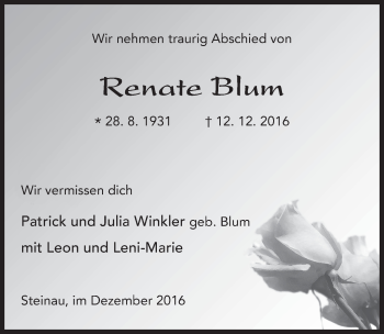 Traueranzeige von Renate Blum 