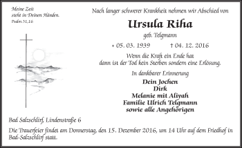 Traueranzeige von Ursula Riha 