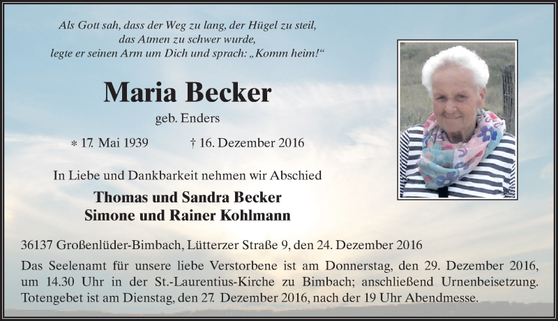  Traueranzeige für Maria Becker vom 24.12.2016 aus 